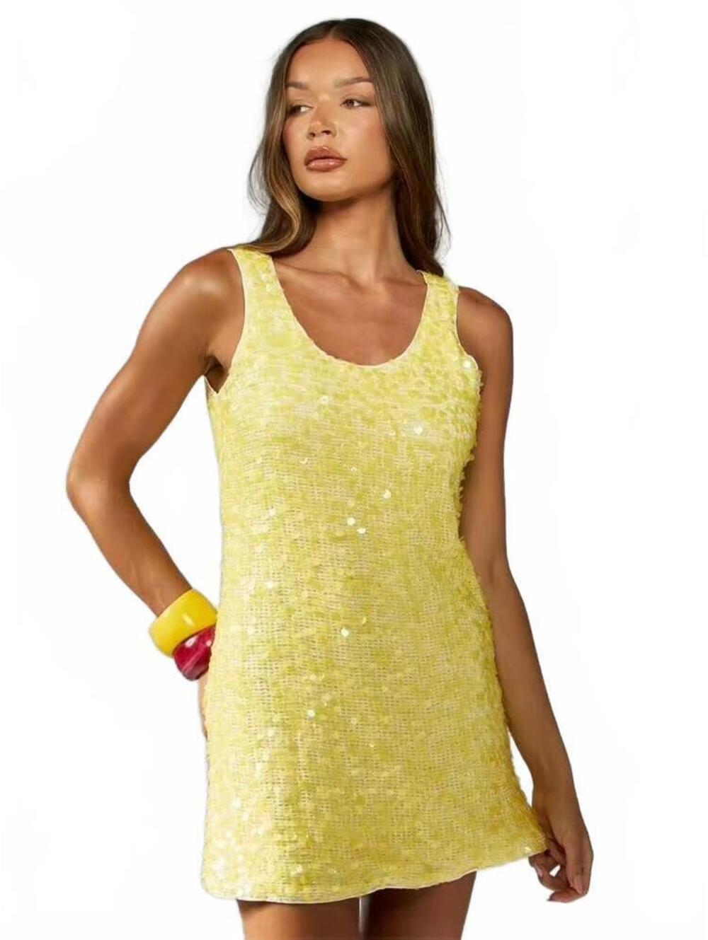 Missguided Yellow Sequin Shift Mini Dress Size XL 60s Mod Sparkle Party Festival